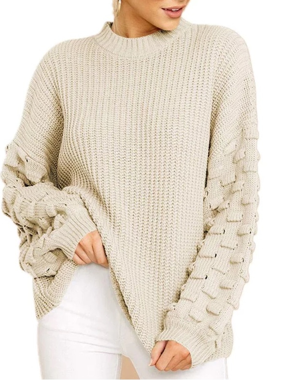 Cream Crewneck Sweater with Textured Sleeve Detail Oversized Women’s Size Large - Picture 1 of 8